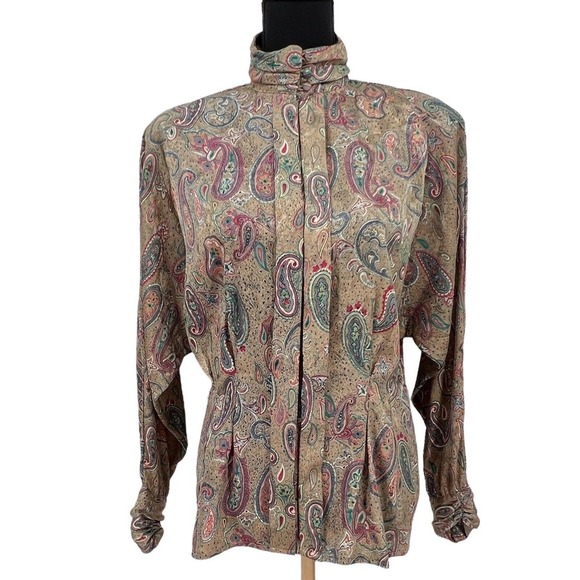 Tess Tops - Vintage TESS Paris Milano Tan Long Sleeve Pleated Paisley Floral Blouse Sz 12
